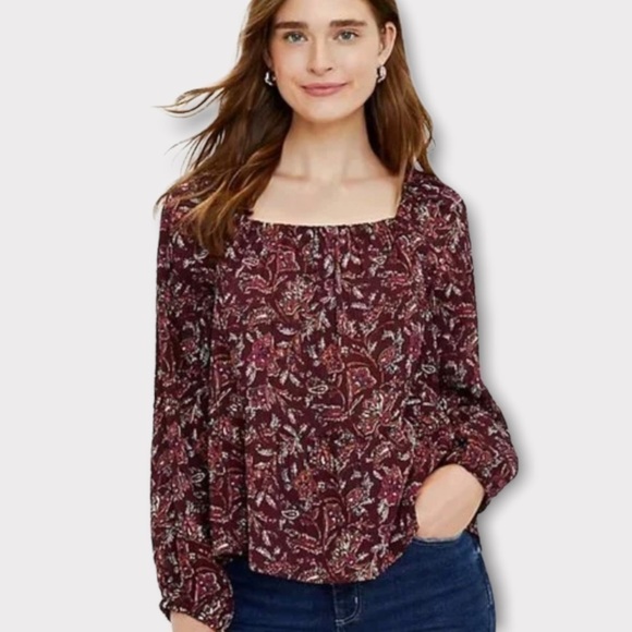 Loft Square Neck Peplum Blouse Top Floral Paisley Print Purple NWT - Picture 1 of 13